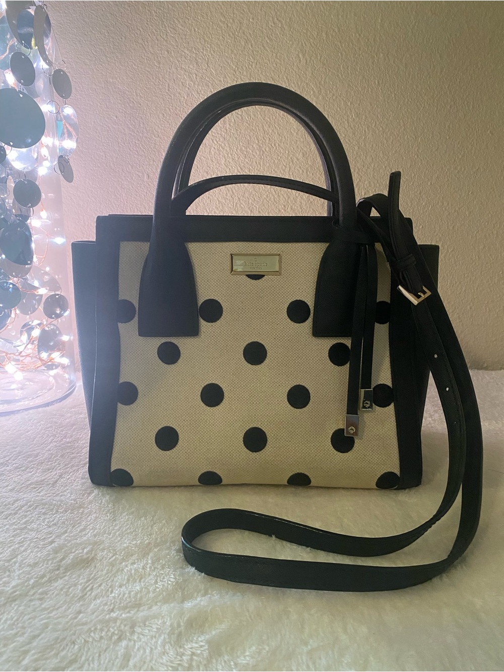 Kate Spade Black and Cream Polka Dot Elsie Street Fabric Satchel